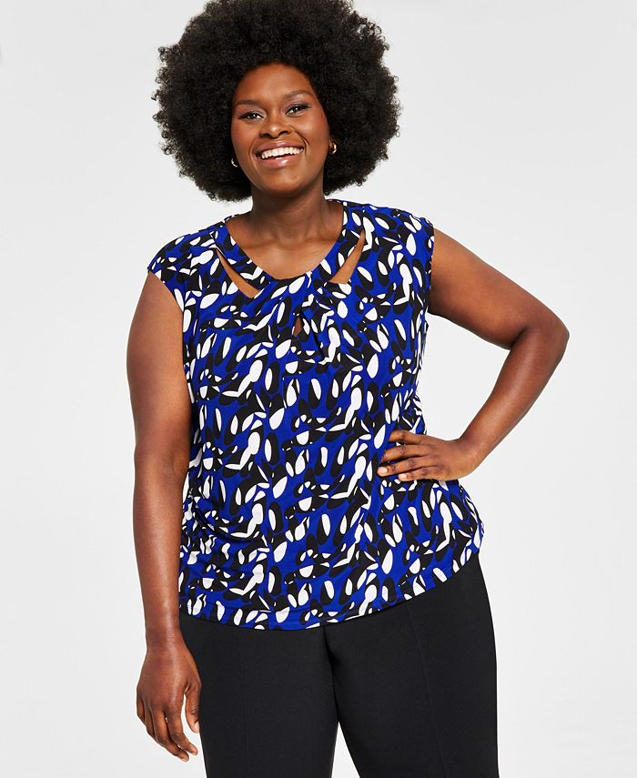Plus Size Printed Twist-Neck Top Kasper Plus Size Printed Twist-Neck Top -CeCe cloth-shop