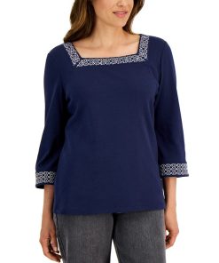 Karen Scott Women's Cotton Hot Fix Square-Neck Top, Created For Macy's