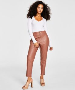 Bar III Women's Faux-Leather Button-Fly Ankle Pants, Created For Macy's