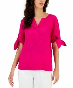 Charter Club Women's Linen Split-Neck Tie-Cuff Top, Created For Macy's