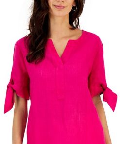 Charter Club Women's Linen Split-Neck Tie-Cuff Top, Created For Macy's 2 Charter Club Women's Linen Split-Neck Tie-Cuff Top, Created For Macy's -CeCe cloth-shop 21827628 fpx