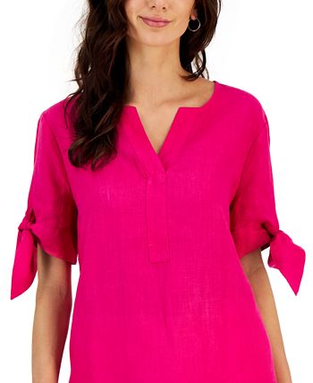 Women's Linen Split-Neck Tie-Cuff Top, Created For Macy's Charter Club Women's Linen Split-Neck Tie-Cuff Top, Created For Macy's -CeCe cloth-shop