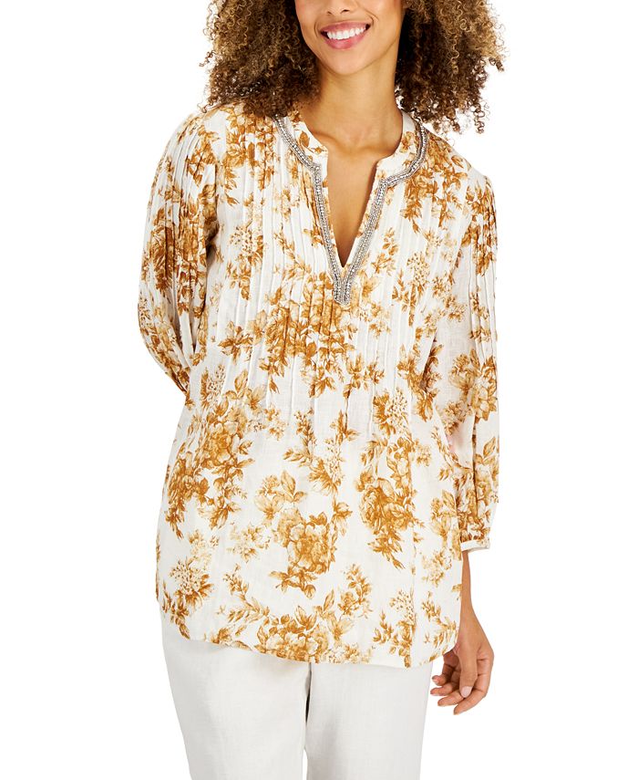 Women's Floral-Print Linen Tunic, Created For Macy's Charter Club Women's Floral-Print Linen Tunic, Created For Macy's -CeCe cloth-shop