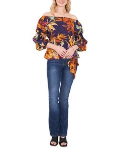 Vince Camuto Women's Printed Off-The-Shoulder Bubble-Sleeve Challis Blouse -CeCe cloth-shop 21900210 fpx
