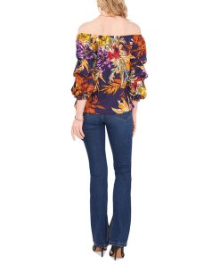 Vince Camuto Women's Printed Off-The-Shoulder Bubble-Sleeve Challis Blouse -CeCe cloth-shop 21900212 fpx