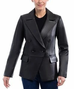 Anne Klein Women's Leather Double-Breasted Blazer Coat