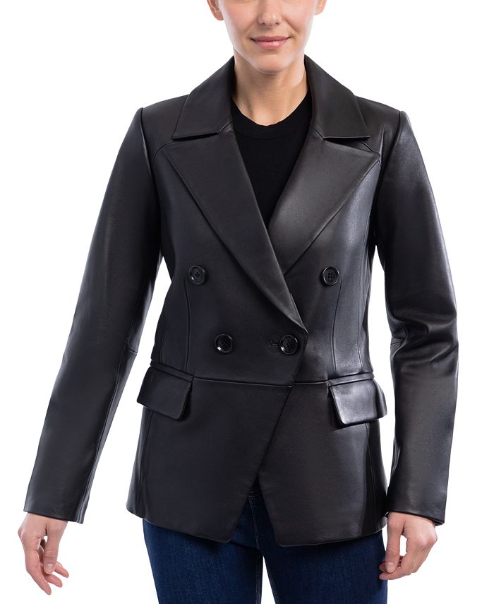 Women's Leather Double-Breasted Blazer Coat Anne Klein Women's Leather Double-Breasted Blazer Coat -CeCe cloth-shop