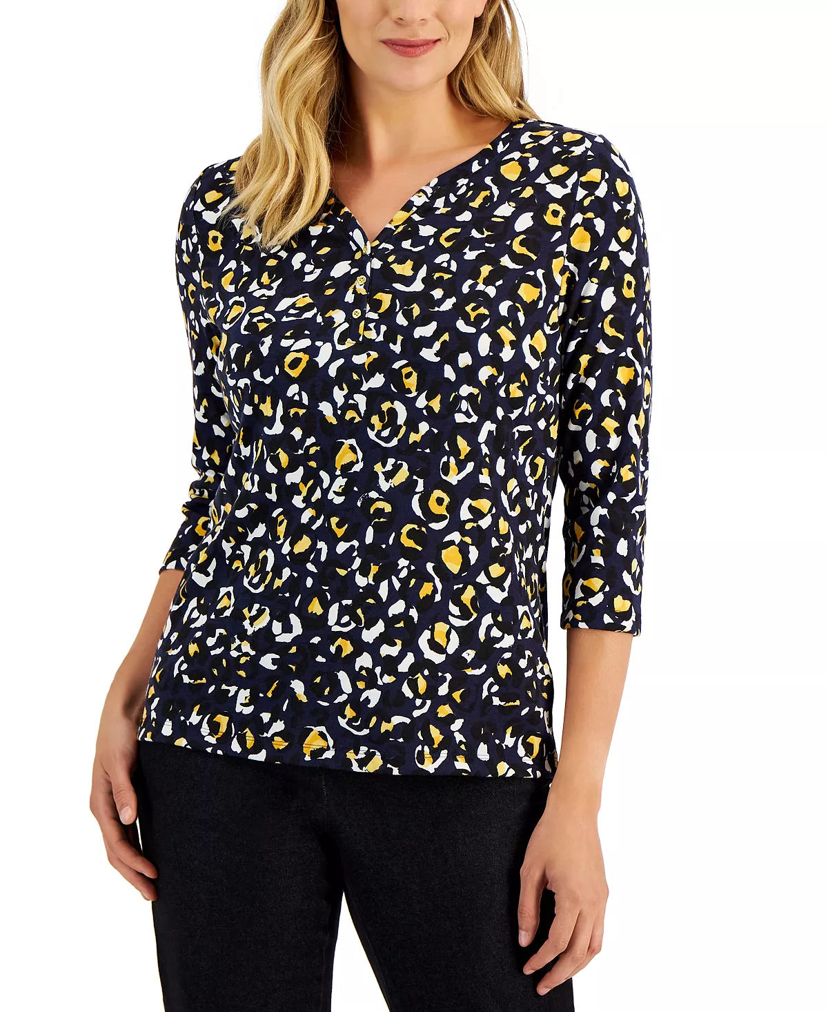 Women's Leopard-Print 3/4-Sleeve Henley Top, Created For Macy's Karen Scott Women's Leopard-Print 3/4-Sleeve Henley Top, Created For Macy's -CeCe cloth-shop