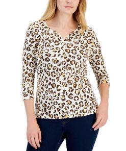 Karen Scott Women's Leopard-Print 3/4-Sleeve Henley Top, Created For Macy's