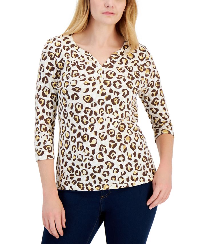 Women's Leopard-Print 3/4-Sleeve Henley Top, Created For Macy's Karen Scott Women's Leopard-Print 3/4-Sleeve Henley Top, Created For Macy's -CeCe cloth-shop