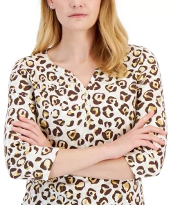 Karen Scott Women's Leopard-Print 3/4-Sleeve Henley Top, Created For Macy's 3 Karen Scott Women's Leopard-Print 3/4-Sleeve Henley Top, Created For Macy's -CeCe cloth-shop 21951522 fpx