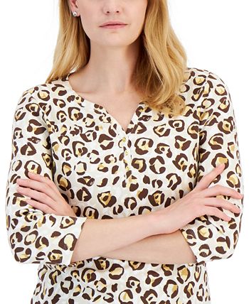 Women's Leopard-Print 3/4-Sleeve Henley Top, Created For Macy's Karen Scott Women's Leopard-Print 3/4-Sleeve Henley Top, Created For Macy's -CeCe cloth-shop