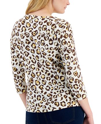 Women's Leopard-Print 3/4-Sleeve Henley Top, Created For Macy's Karen Scott Women's Leopard-Print 3/4-Sleeve Henley Top, Created For Macy's -CeCe cloth-shop