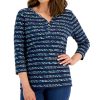 Karen Scott Women's Nico Striped 3/4-Sleeve Henley Top, Created For Macy's