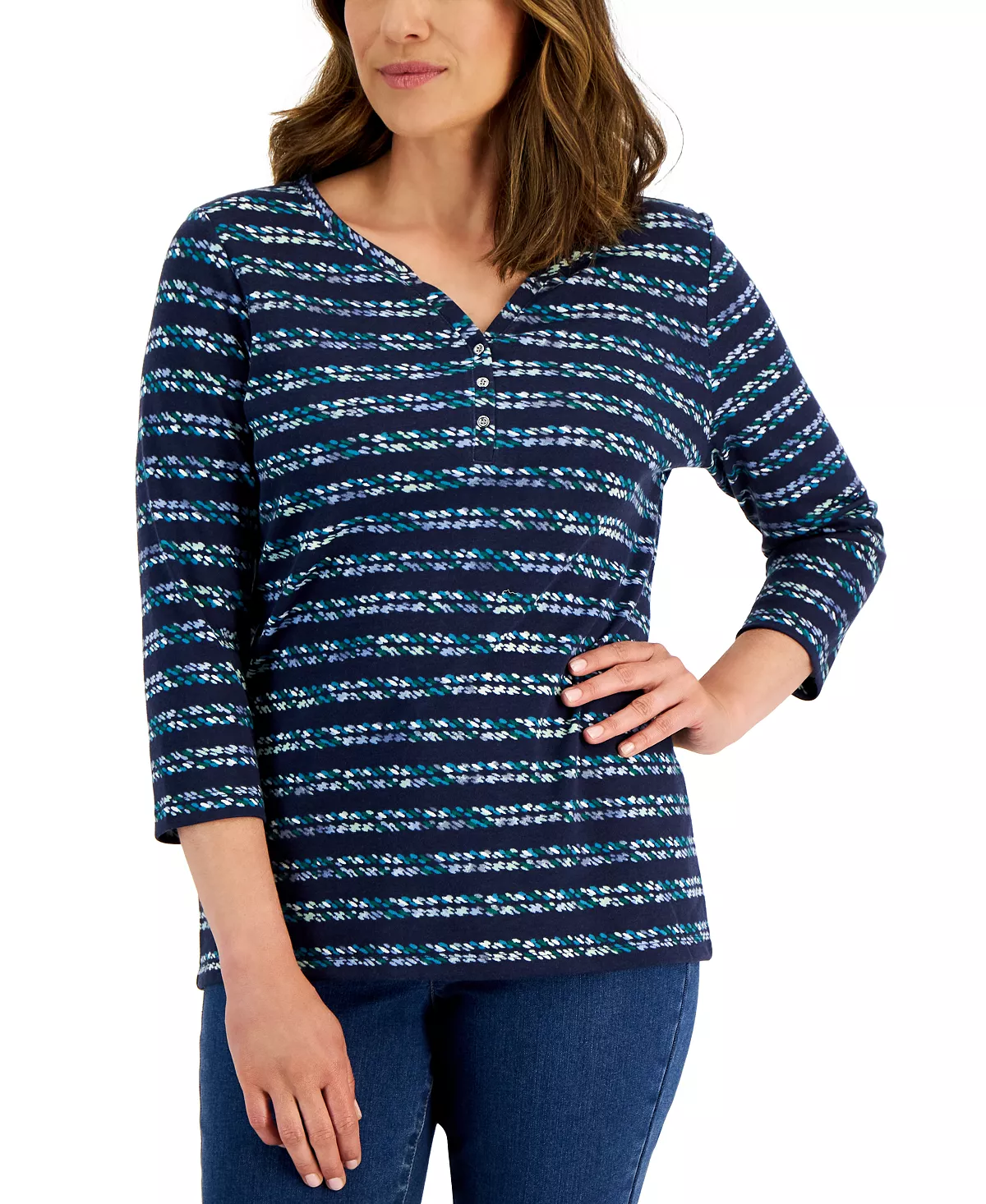 Women's Nico Striped 3/4-Sleeve Henley Top, Created For Macy's Karen Scott Women's Nico Striped 3/4-Sleeve Henley Top, Created For Macy's -CeCe cloth-shop