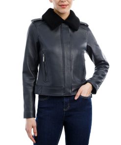 Michael Kors Women's Fleece-Collar Leather Coat, Created For Macy's