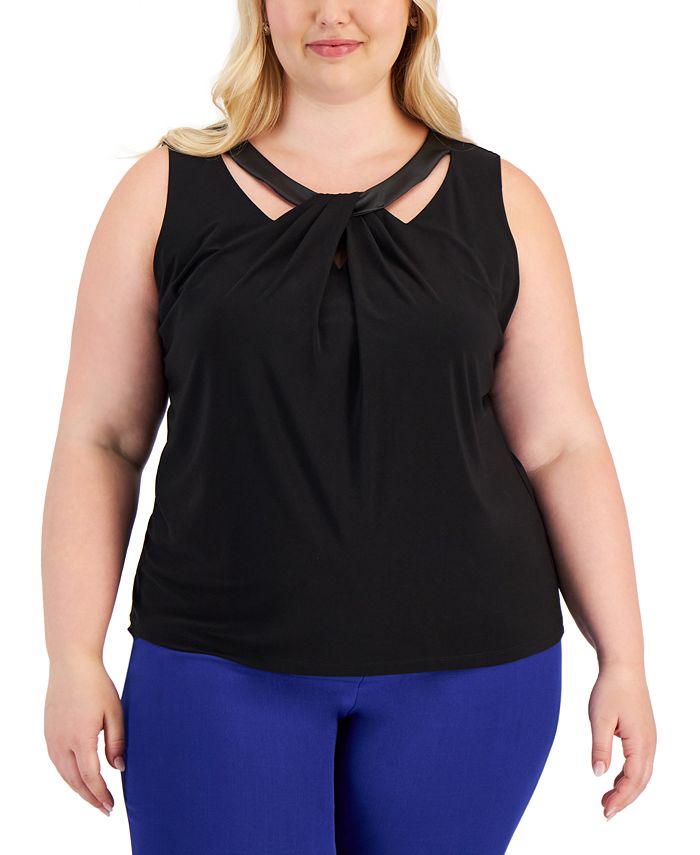 Plus Size Faux-Leather-Trim Twisted Top Kasper Plus Size Faux-Leather-Trim Twisted Top -CeCe cloth-shop