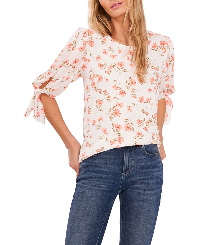 Women's Coastal Floral Tie Sleeve Blouse CeCe Women's Coastal Floral Tie Sleeve Blouse -CeCe cloth-shop