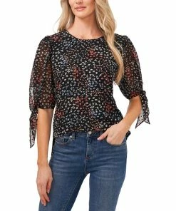 CeCe Women's Printed Clip Dot Tie Sleeve Blouse