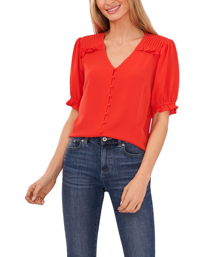 Women's Pintuck Shoulder Button Front Blouse CeCe Women's Pintuck Shoulder Button Front Blouse -CeCe cloth-shop