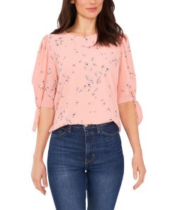CeCe Women's Bow Detail Printed Puff Sleeve Blouse Top