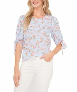 CeCe Women's Coastal Floral Tie Sleeve Blouse