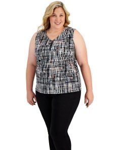 Kasper Plus Size Printed Keyhole Top