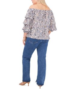 Vince Camuto Plus Size Snake-Print Off-The-Shoulder Balloon-Sleeve Blouse -CeCe cloth-shop 22118210 fpx