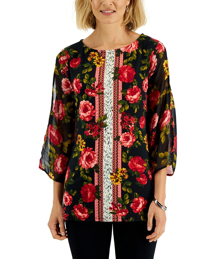 Women's 3/4-Sleeve Mixed-Print Tunic, Created For Macy's JM Collection Women's 3/4-Sleeve Mixed-Print Tunic, Created For Macy's -CeCe cloth-shop