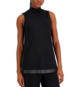 Anne Klein Women's Faux-Leather Trim Mock Neck Tunic
