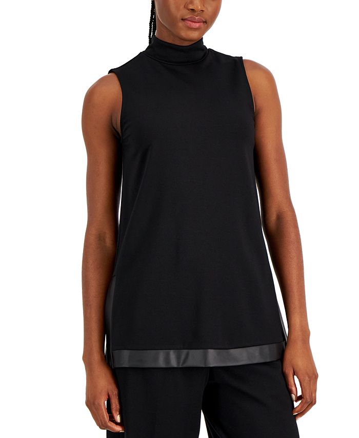 Anne Klein Women's Faux-Leather Trim Mock Neck Tunic 1 Anne Klein Women's Faux-Leather Trim Mock Neck Tunic