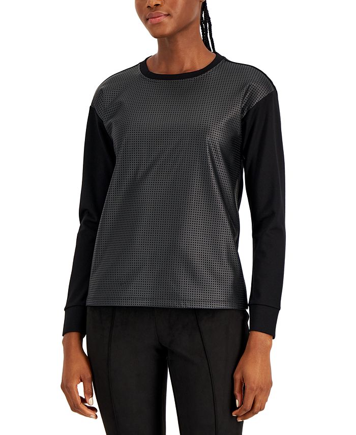 Women's Long-Sleeve Faux-Leather Top Anne Klein Women's Long-Sleeve Faux-Leather Top -CeCe cloth-shop