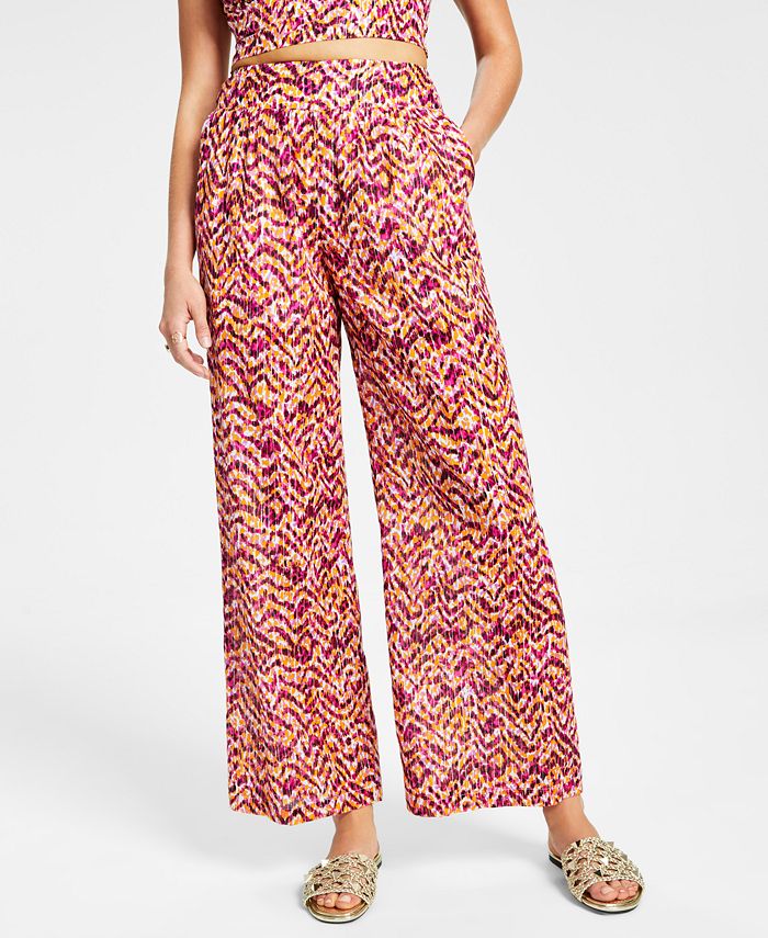 Women's Printed Wide-Leg Smocked-Waist Pull-On Pants, Created For Macy's Bar III Women's Printed Wide-Leg Smocked-Waist Pull-On Pants, Created For Macy's -CeCe cloth-shop