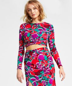 Bar III Women's Printed Long-Sleeve Twist-Front Crop Top, Created For Macy's