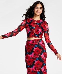 Bar III Women's Floral-Print Cutout Mesh-Sleeve Crop Top, Created For Macy's