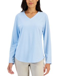 Karen Scott Women's Textured Microfleece V-Neck Top, Created For Macy's