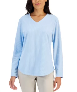 Karen Scott Women's Textured Microfleece V-Neck Top, Created For Macy's