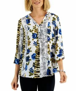 JM Collection Women's Printed Roll-Tab-Sleeve Top, Created For Macy's