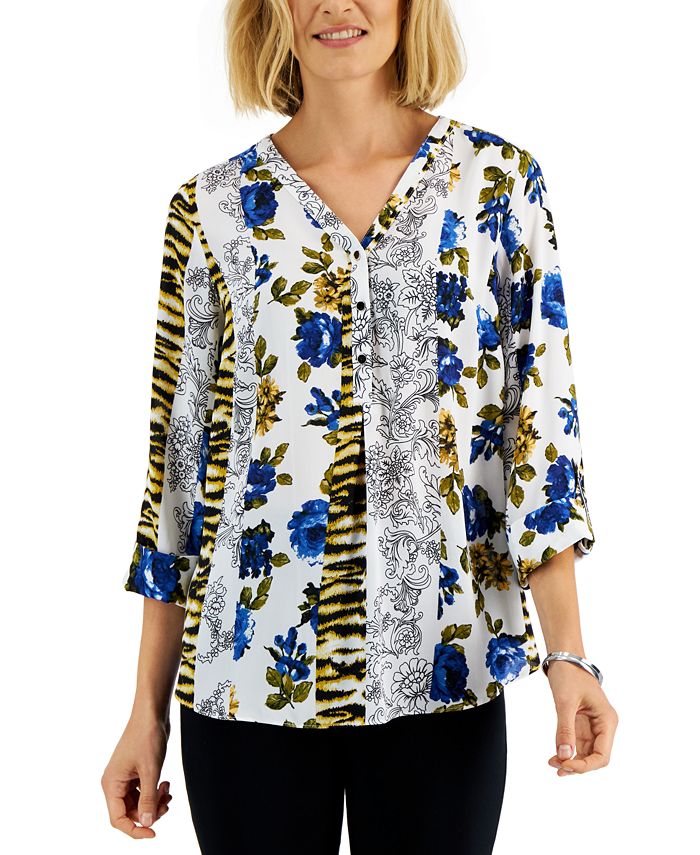 Women's Printed Roll-Tab-Sleeve Top, Created For Macy's JM Collection Women's Printed Roll-Tab-Sleeve Top, Created For Macy's -CeCe cloth-shop