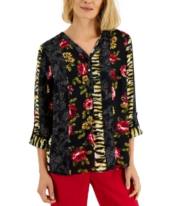 JM Collection Women's Printed Roll-Tab-Sleeve Top, Created For Macy's 3 JM Collection Women's Printed Roll-Tab-Sleeve Top, Created For Macy's -CeCe cloth-shop 22269586 fpx