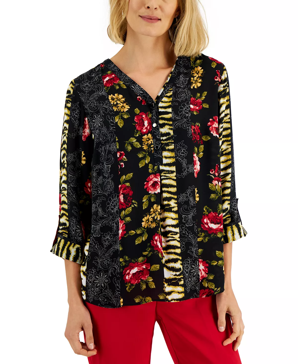 Women's Printed Roll-Tab-Sleeve Top, Created For Macy's JM Collection Women's Printed Roll-Tab-Sleeve Top, Created For Macy's -CeCe cloth-shop