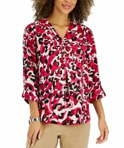 JM Collection Women's Animal-Print Roll-Tab-Sleeve Top, Created For Macy's