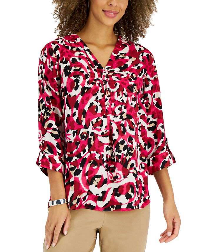 Women's Animal-Print Roll-Tab-Sleeve Top, Created For Macy's JM Collection Women's Animal-Print Roll-Tab-Sleeve Top, Created For Macy's -CeCe cloth-shop