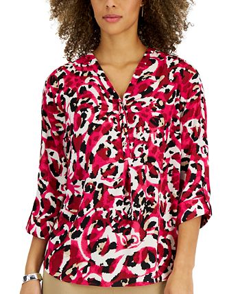 Women's Animal-Print Roll-Tab-Sleeve Top, Created For Macy's JM Collection Women's Animal-Print Roll-Tab-Sleeve Top, Created For Macy's -CeCe cloth-shop