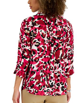 Women's Animal-Print Roll-Tab-Sleeve Top, Created For Macy's JM Collection Women's Animal-Print Roll-Tab-Sleeve Top, Created For Macy's -CeCe cloth-shop