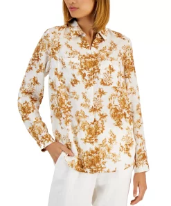 Charter Club Women's Floral-Print Linen Shirt, Created For Macy's