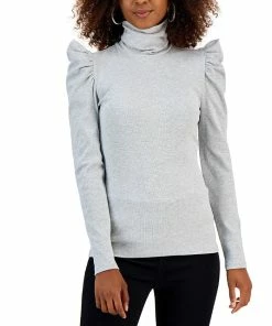 INC International Concepts Women's Metallic Ribbed Puff-Sleeve Turtleneck Top, Created For Macy's