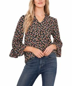 CeCe Women's Elbow Sleeve Ruffled V-neckline Blouse