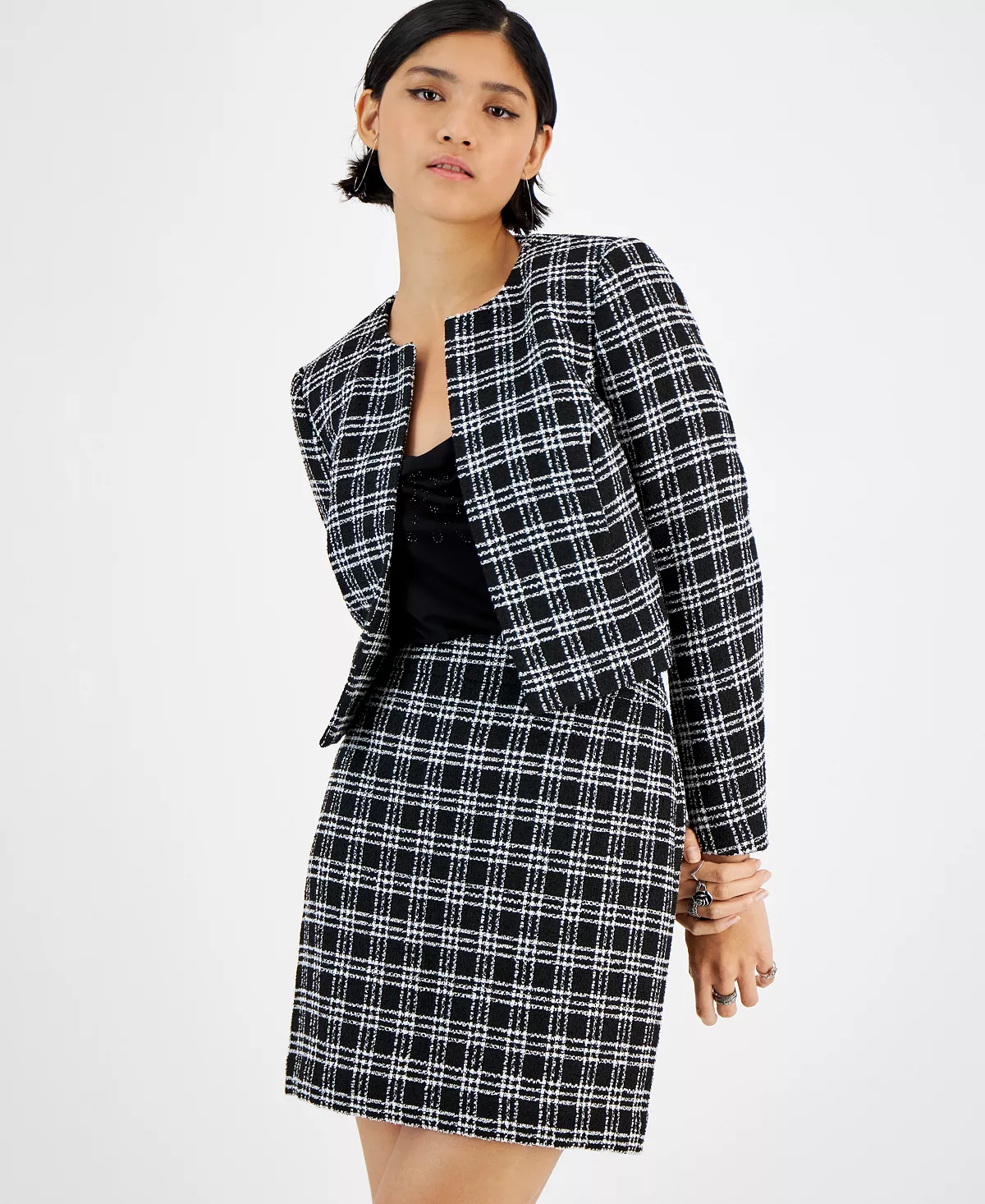 Women's Plaid Tweed Open-Front Cropped Jacket, Created For Macy's Bar III Women's Plaid Tweed Open-Front Cropped Jacket, Created For Macy's -CeCe cloth-shop