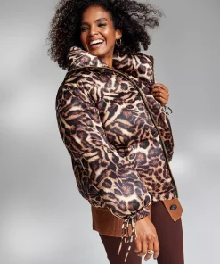 INC International Concepts Ade Samuel For INC Women's Animal-Print Tie-Cuff Puffer Jacket, Created For Macy's -CeCe cloth-shop 22299055 fpx
